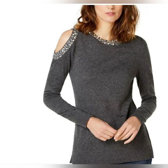 I-N-C M Gray WOOL SILK CASHMERE Embellished 1 ColdShoulder Lngslv Women Sweater - Picture 1 of 9